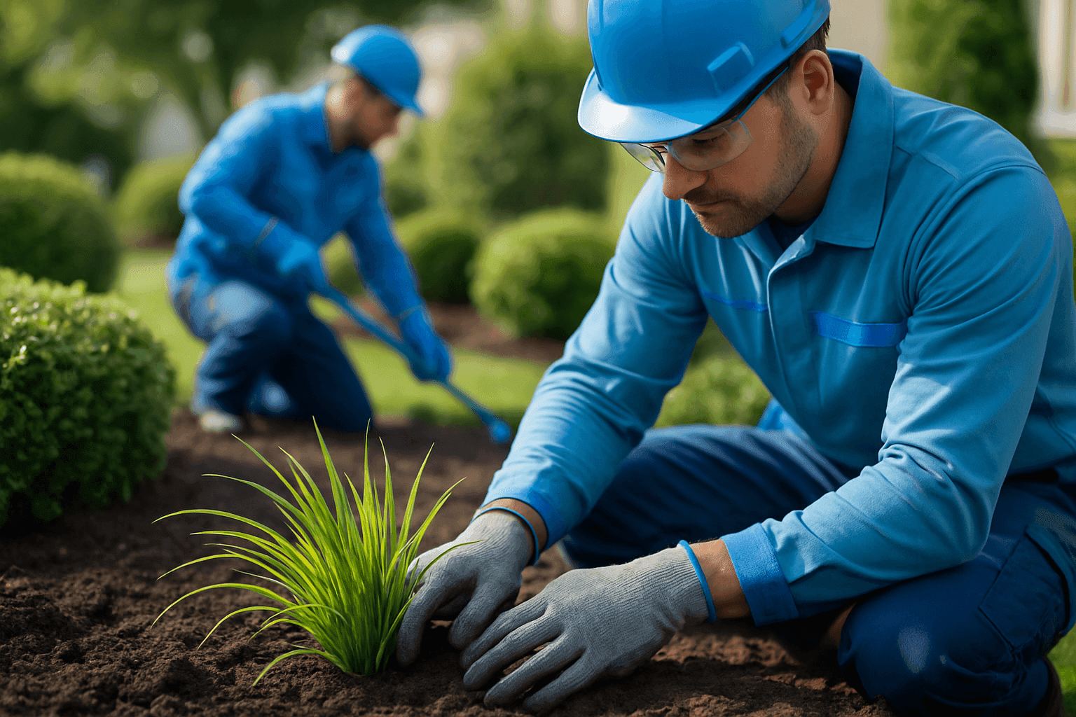 Professional landscaper in blue uniform planting greenery at a clean residential garden site.