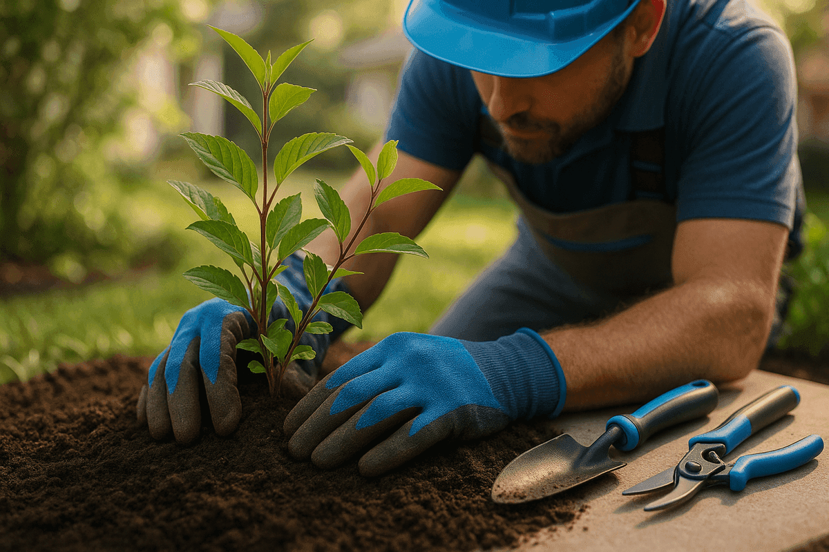 Close-up of gloved hands planting a shrub with tools in a well-kept residential garden.