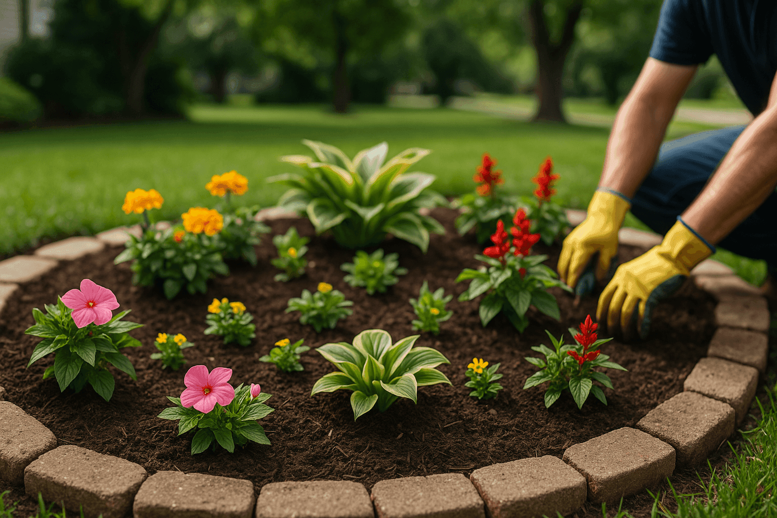 Freshly planted garden bed with colorful flowers and neat mulch in a residential yard