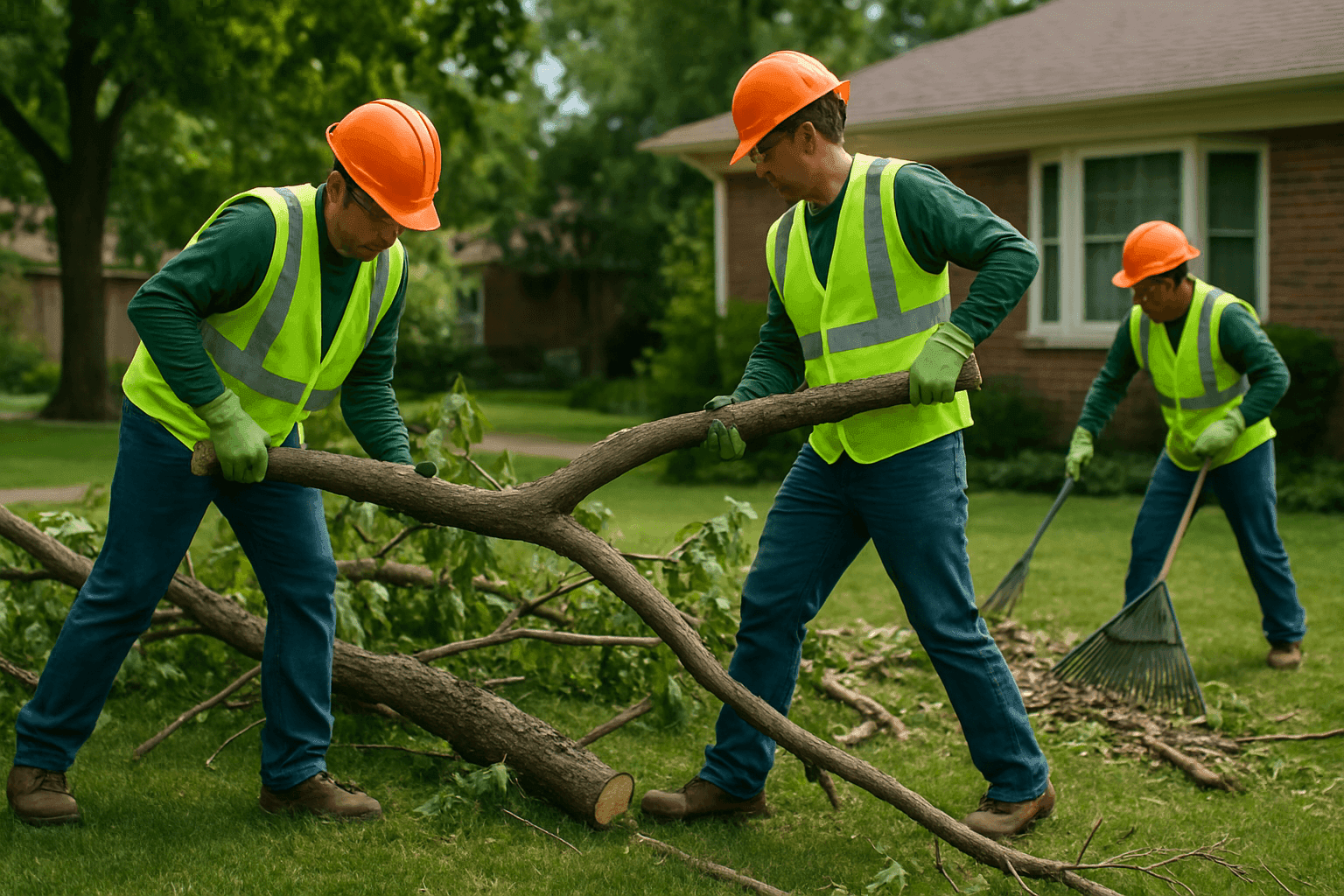 Landscaping team clearing storm debris from a residential yard