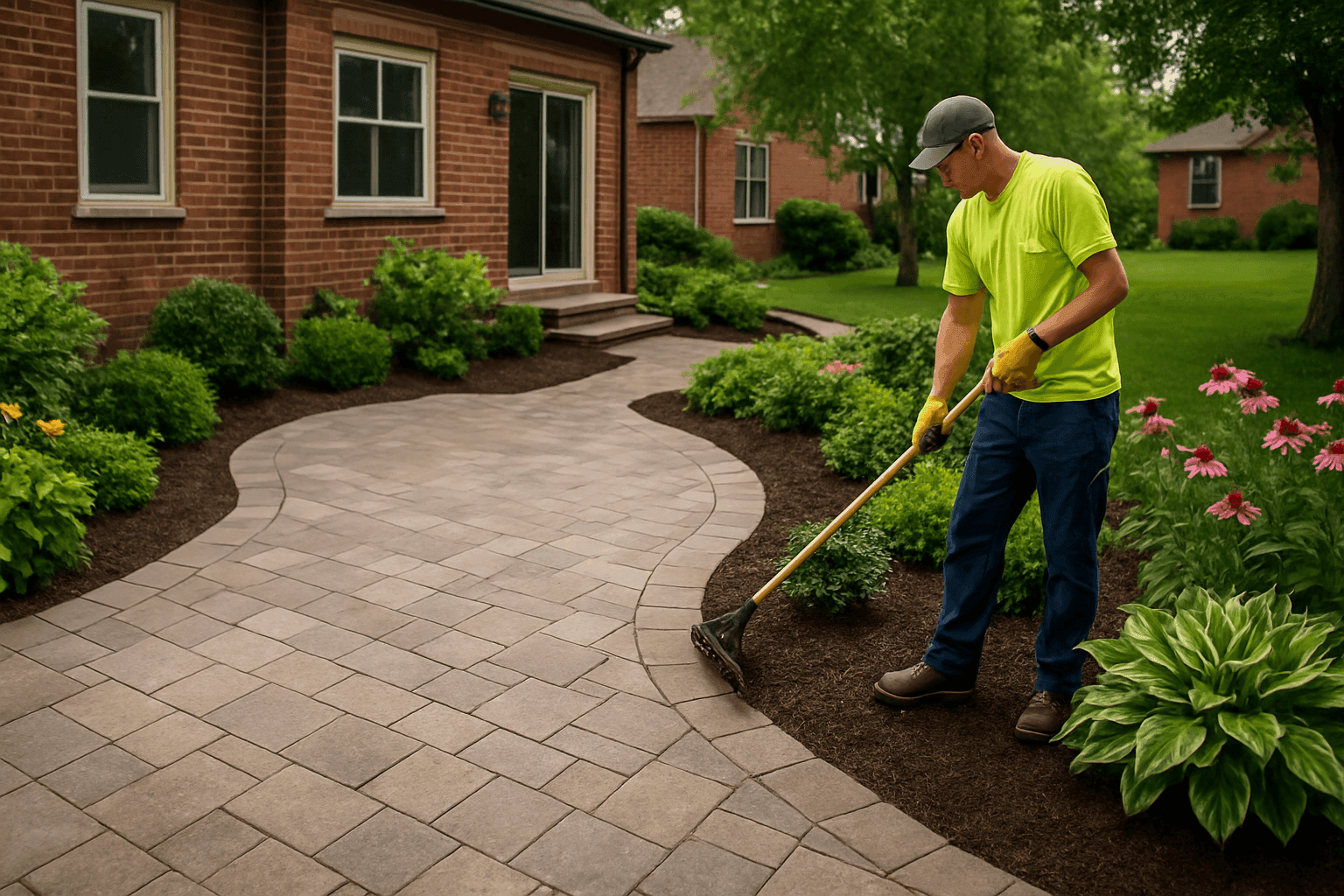Stone patio and walkway with landscaped garden beds in a residential backyard