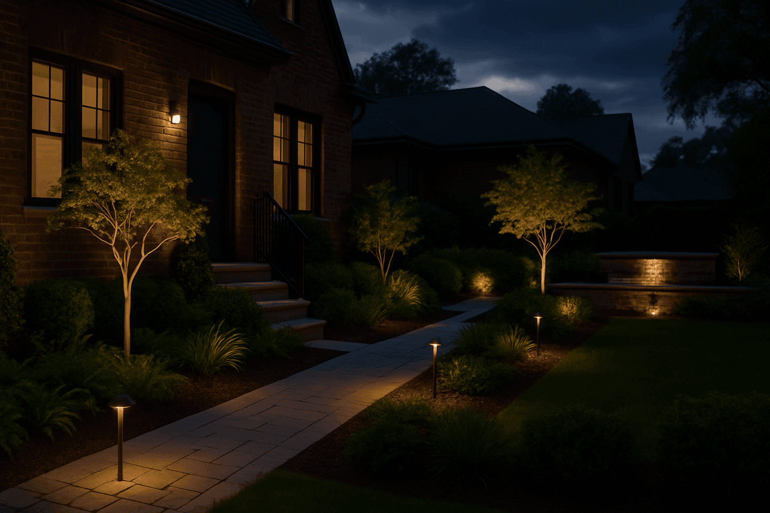 Well-lit residential landscape with illuminated walkway and garden beds at dusk