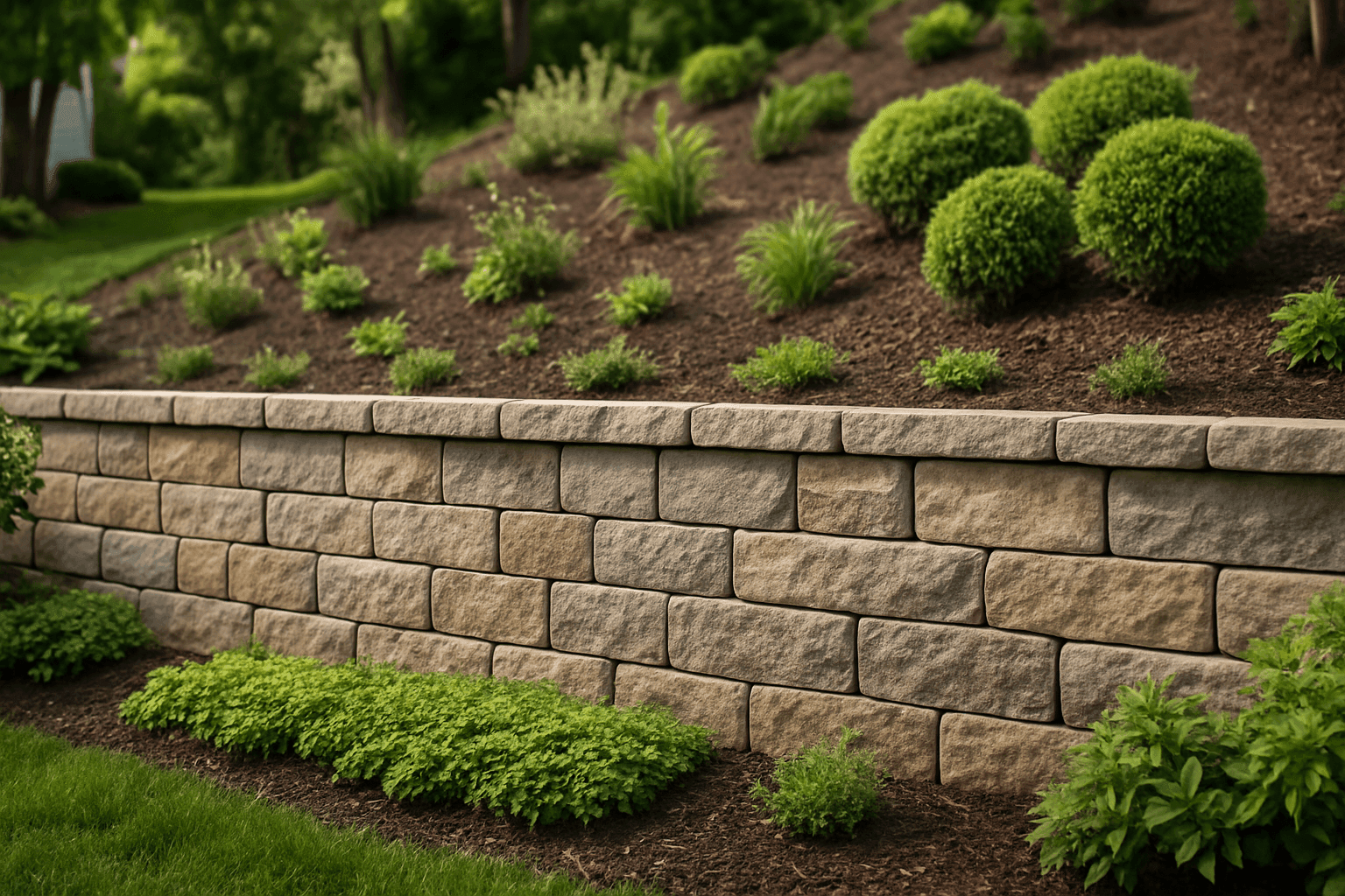 Stone retaining wall supporting a landscaped slope in a residential backyard