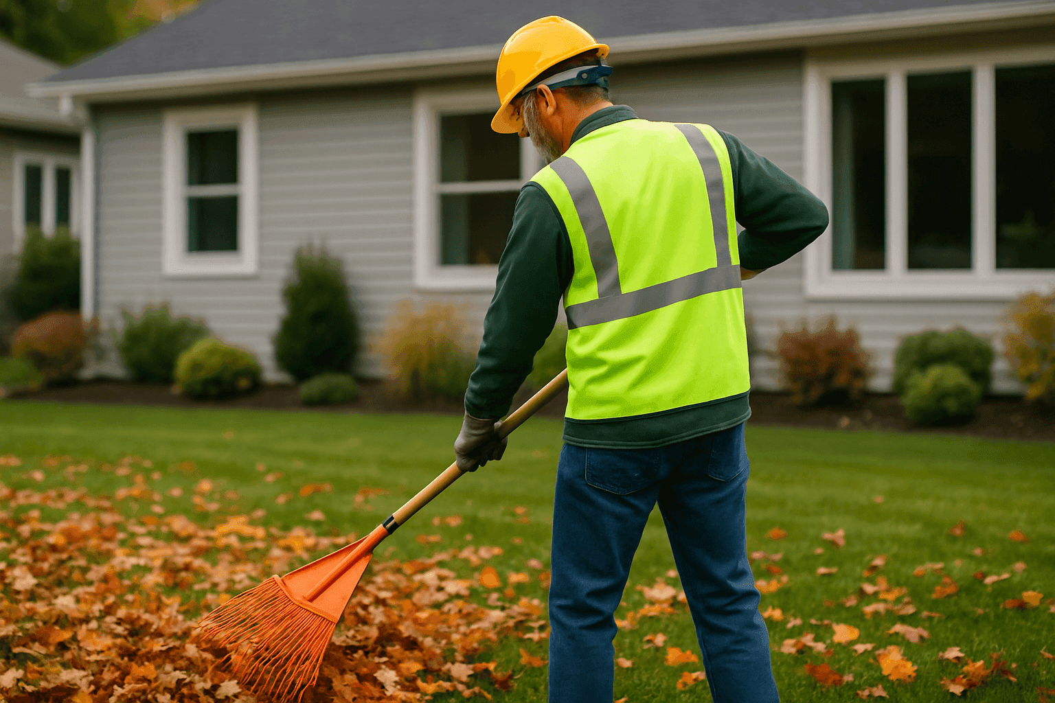 Landscaping professional raking fall leaves in a residential backyard